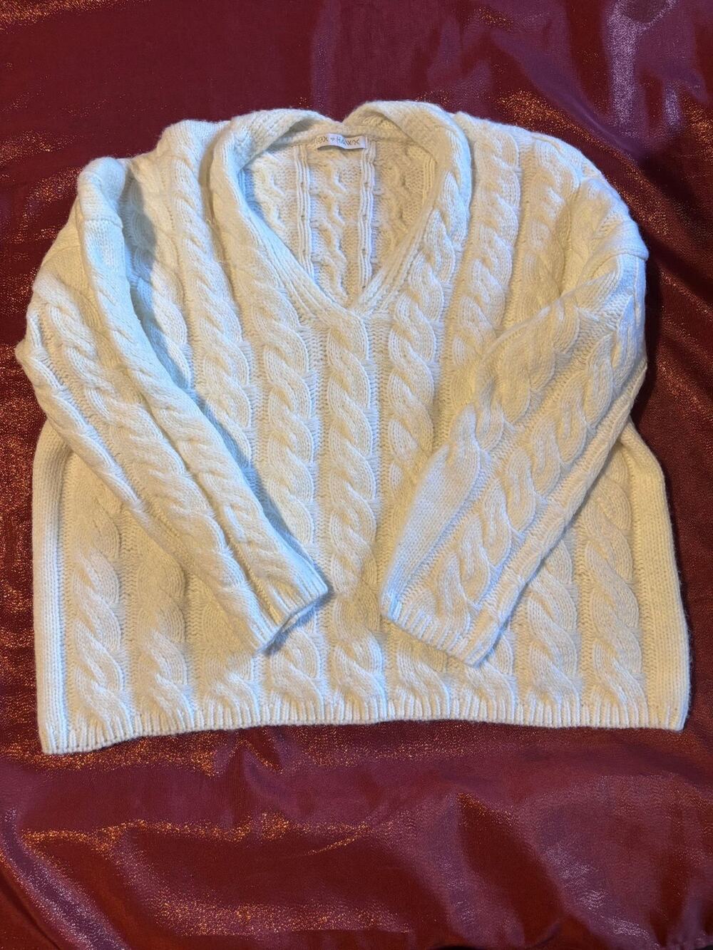Fox Hawk Sweater Womens Cable Knit V Neck Oversized Boxy Long Sleeve Ivory